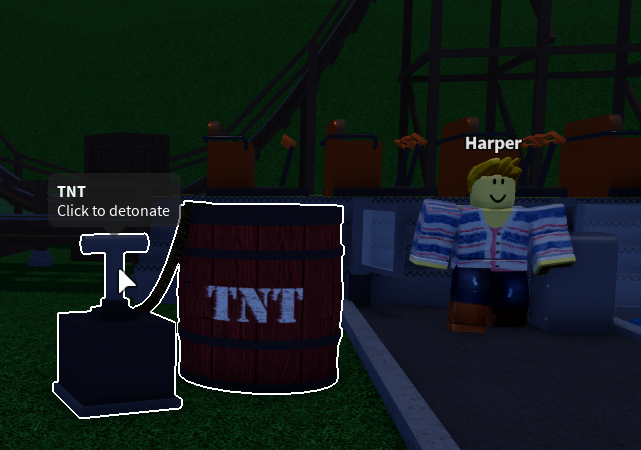 A TNT next to a guest named "Harper" near the Wood Coaster in the Insitux District.